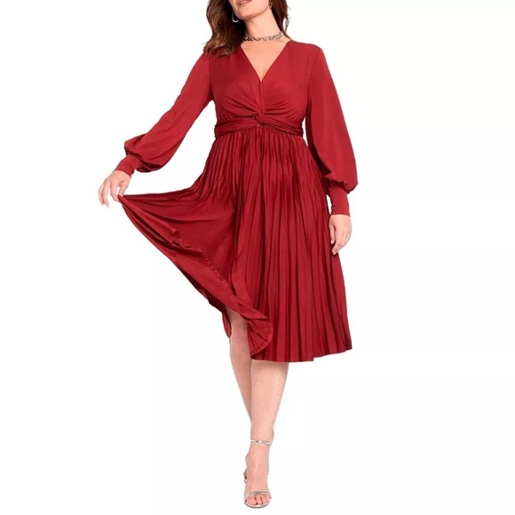 Eloquii Red Maroon Long Sleeve Twist Front Dress - Picture 1 of 7